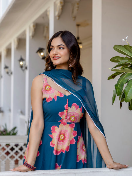 Women Teal Cotton Anarkali Kurta with Dupatta