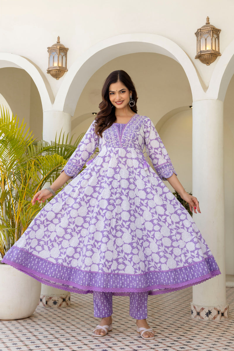 EthniFlair Women Floral Printed Panelled Sequinned Pure Cotton Kurta with Trousers & With Dupatta