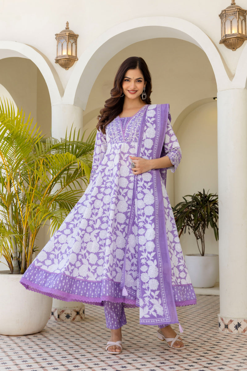 EthniFlair Women Floral Printed Panelled Sequinned Pure Cotton Kurta with Trousers & With Dupatta