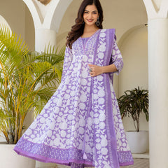 EthniFlair Women Floral Printed Panelled Sequinned Pure Cotton Kurta with Trousers & With Dupatta