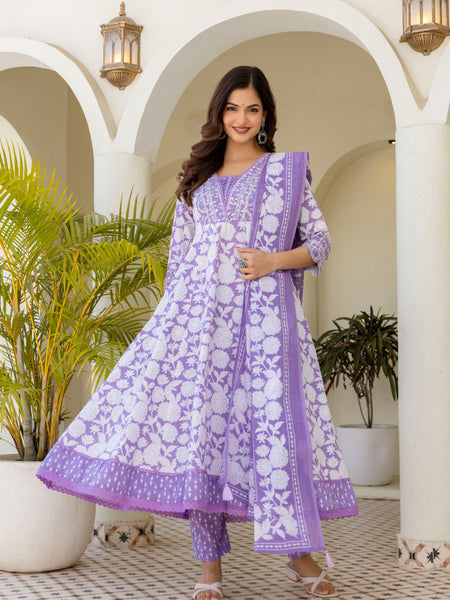 EthniFlair Women Floral Printed Panelled Sequinned Pure Cotton Kurta with Trousers & With Dupatta
