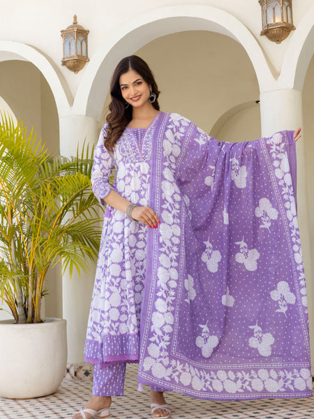 EthniFlair Women Floral Printed Panelled Sequinned Pure Cotton Kurta with Trousers & With Dupatta