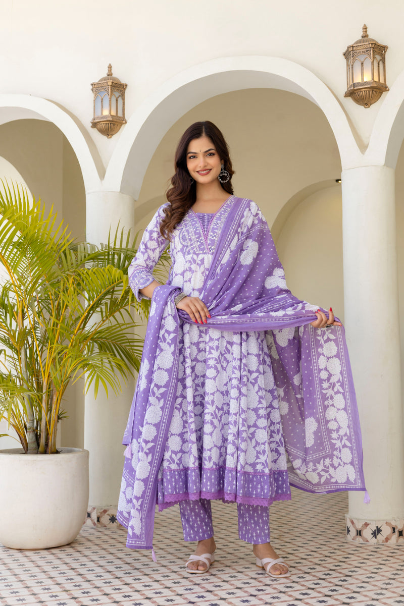 EthniFlair Women Floral Printed Panelled Sequinned Pure Cotton Kurta with Trousers & With Dupatta