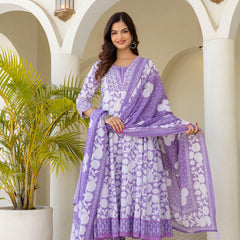 EthniFlair Women Floral Printed Panelled Sequinned Pure Cotton Kurta with Trousers & With Dupatta