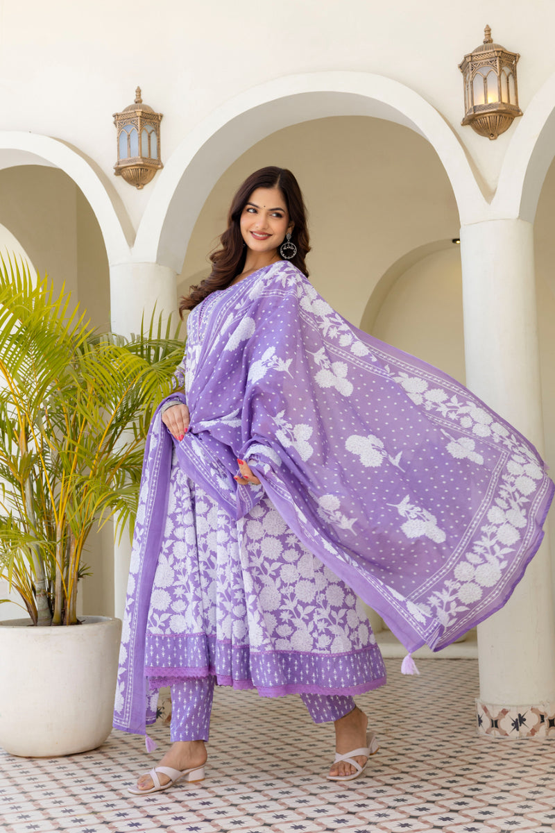 EthniFlair Women Floral Printed Panelled Sequinned Pure Cotton Kurta with Trousers & With Dupatta