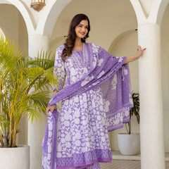 EthniFlair Women Floral Printed Panelled Sequinned Pure Cotton Kurta with Trousers & With Dupatta
