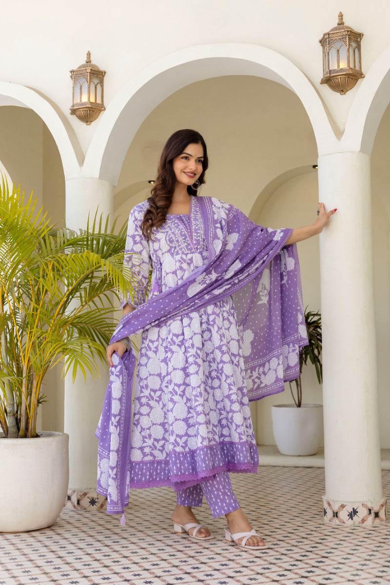 EthniFlair Women Floral Printed Panelled Sequinned Pure Cotton Kurta with Trousers & With Dupatta