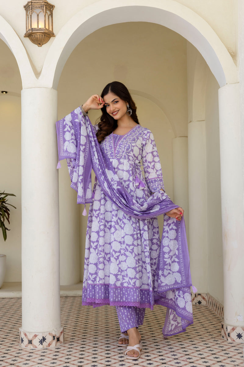 EthniFlair Women Floral Printed Panelled Sequinned Pure Cotton Kurta with Trousers & With Dupatta