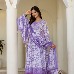 EthniFlair Women Floral Printed Panelled Sequinned Pure Cotton Kurta with Trousers & With Dupatta