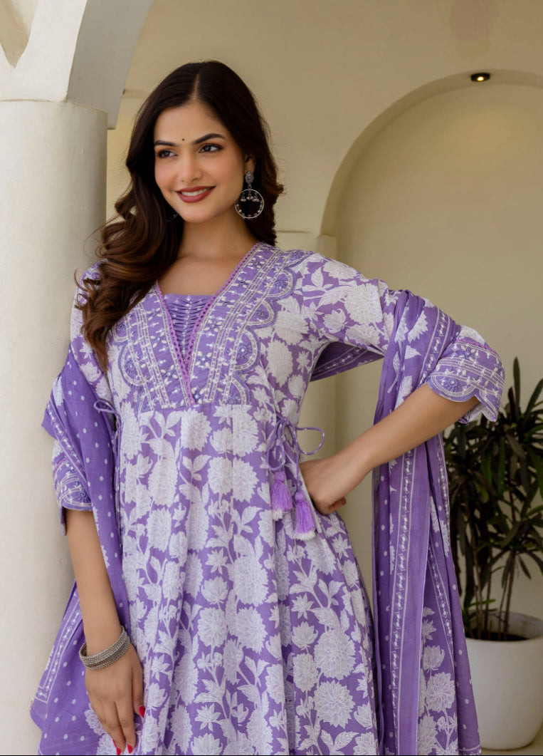 EthniFlair Women Floral Printed Panelled Sequinned Pure Cotton Kurta with Trousers & With Dupatta