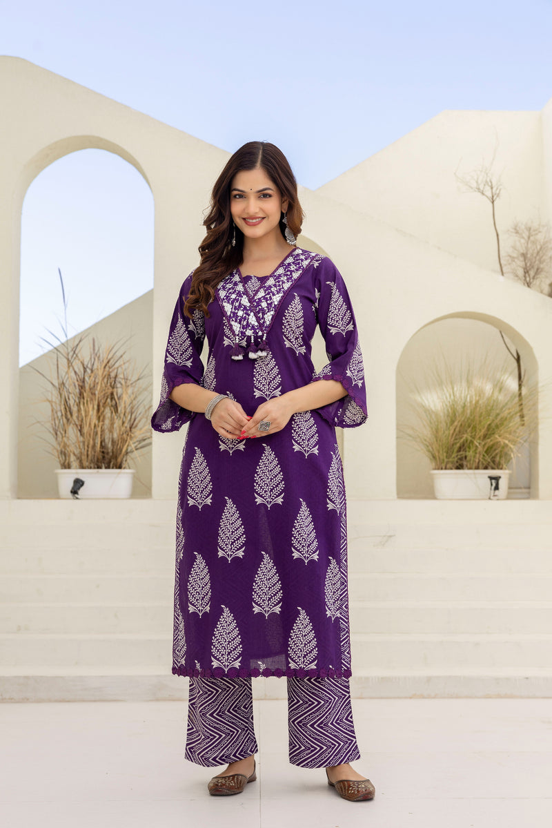EthniFlair Women Ethnic Motifs Printed Regular Mirror Work Pure Cotton Kurta with Palazzos & With Dupatta