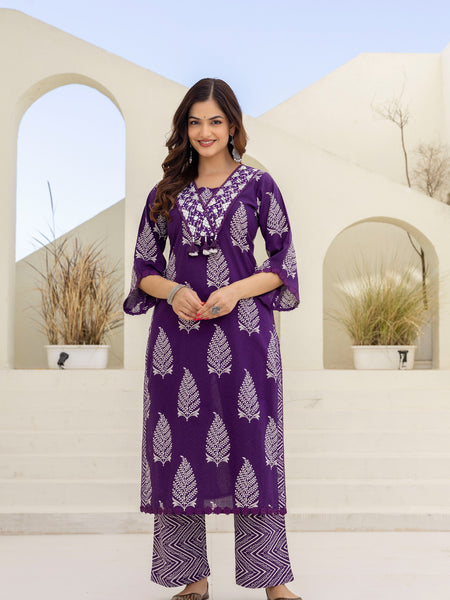 EthniFlair Women Ethnic Motifs Printed Regular Mirror Work Pure Cotton Kurta with Palazzos & With Dupatta