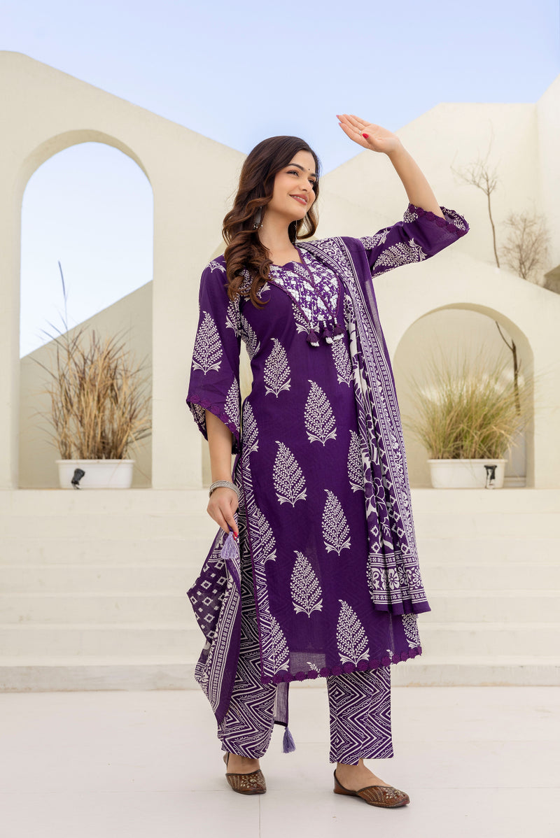 EthniFlair Women Ethnic Motifs Printed Regular Mirror Work Pure Cotton Kurta with Palazzos & With Dupatta