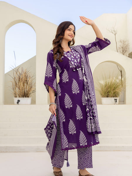 EthniFlair Women Ethnic Motifs Printed Regular Mirror Work Pure Cotton Kurta with Palazzos & With Dupatta