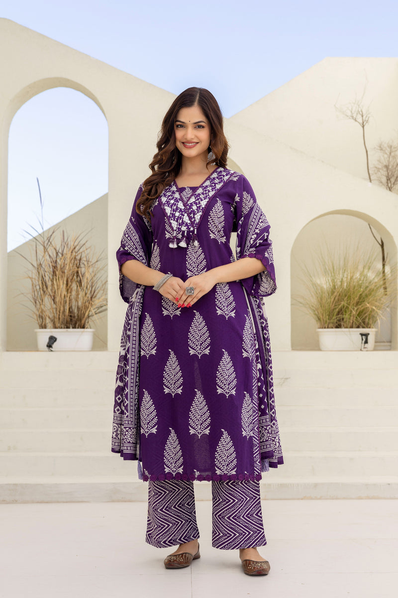 EthniFlair Women Ethnic Motifs Printed Regular Mirror Work Pure Cotton Kurta with Palazzos & With Dupatta