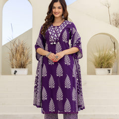 EthniFlair Women Ethnic Motifs Printed Regular Mirror Work Pure Cotton Kurta with Palazzos & With Dupatta