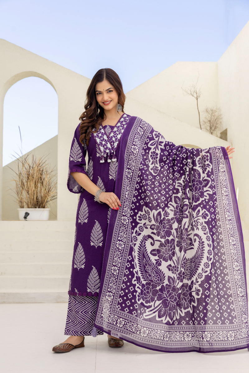 EthniFlair Women Ethnic Motifs Printed Regular Mirror Work Pure Cotton Kurta with Palazzos & With Dupatta