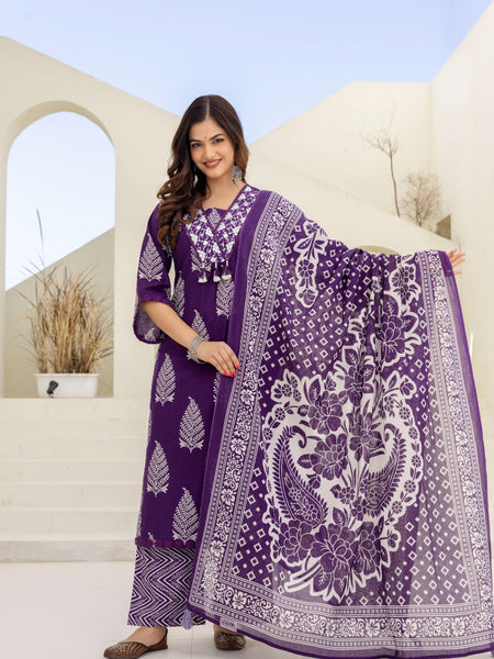 EthniFlair Women Ethnic Motifs Printed Regular Mirror Work Pure Cotton Kurta with Palazzos & With Dupatta