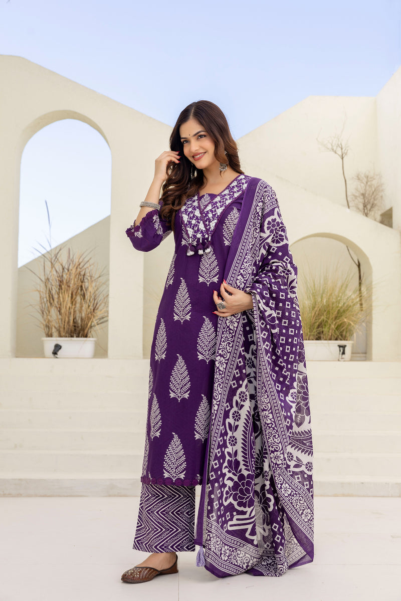 EthniFlair Women Ethnic Motifs Printed Regular Mirror Work Pure Cotton Kurta with Palazzos & With Dupatta