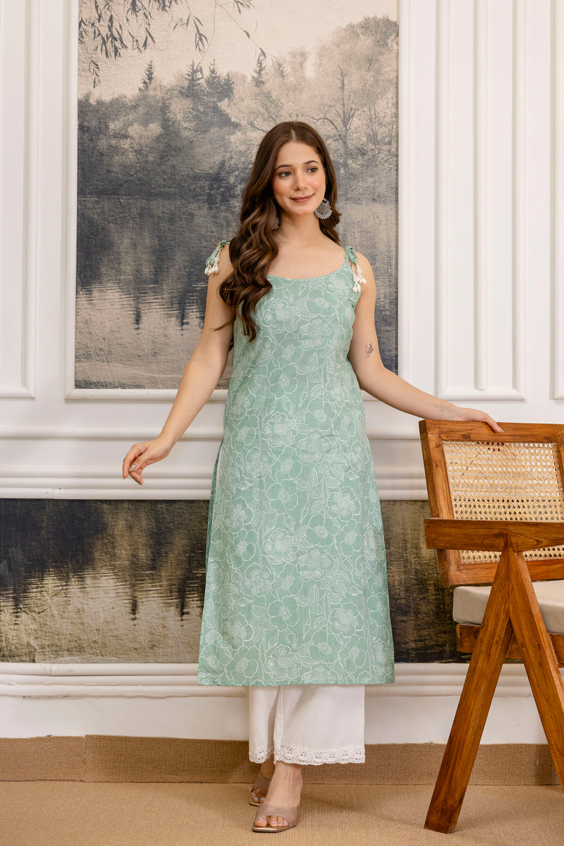 EthniFlair Floral Printed Shoulder Straps Straight Kurta