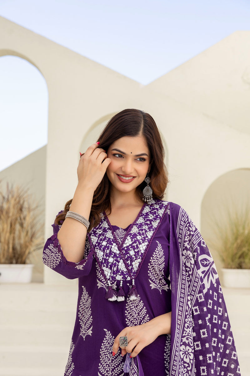 EthniFlair Women Ethnic Motifs Printed Regular Mirror Work Pure Cotton Kurta with Palazzos & With Dupatta