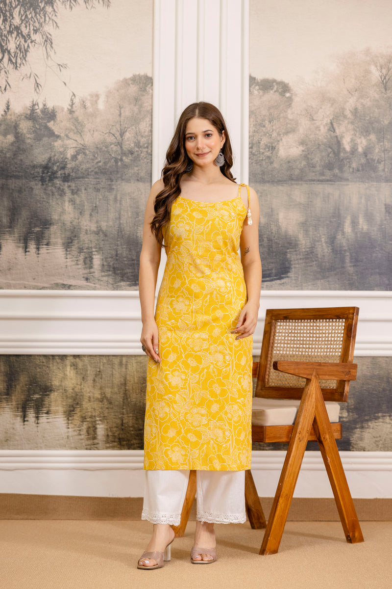 EthniFlair Floral Printed Shoulder Straps Straight Kurta