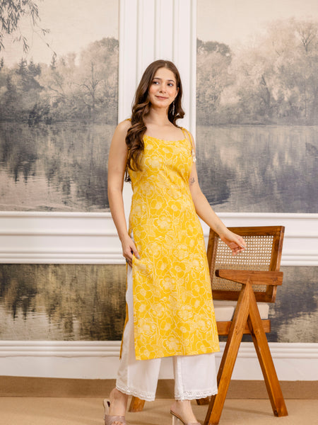 EthniFlair Floral Printed Shoulder Straps Straight Kurta