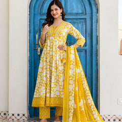 EthniFlair Women Ethnic Motifs Printed Panelled Thread Work Pure Cotton Kurta with Trousers & With Dupatta