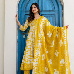 EthniFlair Women Ethnic Motifs Printed Panelled Thread Work Pure Cotton Kurta with Trousers & With Dupatta