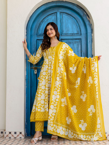 EthniFlair Women Ethnic Motifs Printed Panelled Thread Work Pure Cotton Kurta with Trousers & With Dupatta