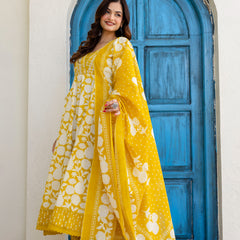 EthniFlair Women Ethnic Motifs Printed Panelled Thread Work Pure Cotton Kurta with Trousers & With Dupatta