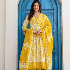 EthniFlair Women Ethnic Motifs Printed Panelled Thread Work Pure Cotton Kurta with Trousers & With Dupatta