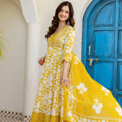 EthniFlair Women Ethnic Motifs Printed Panelled Thread Work Pure Cotton Kurta with Trousers & With Dupatta