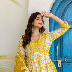 EthniFlair Women Ethnic Motifs Printed Panelled Thread Work Pure Cotton Kurta with Trousers & With Dupatta