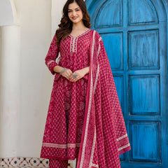 Women Floral Printed Panelled Pure Cotton Kurta with Trousers & Dupatta