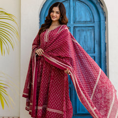 Women Floral Printed Panelled Pure Cotton Kurta with Trousers & Dupatta