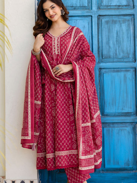 Women Floral Printed Panelled Pure Cotton Kurta with Trousers & Dupatta