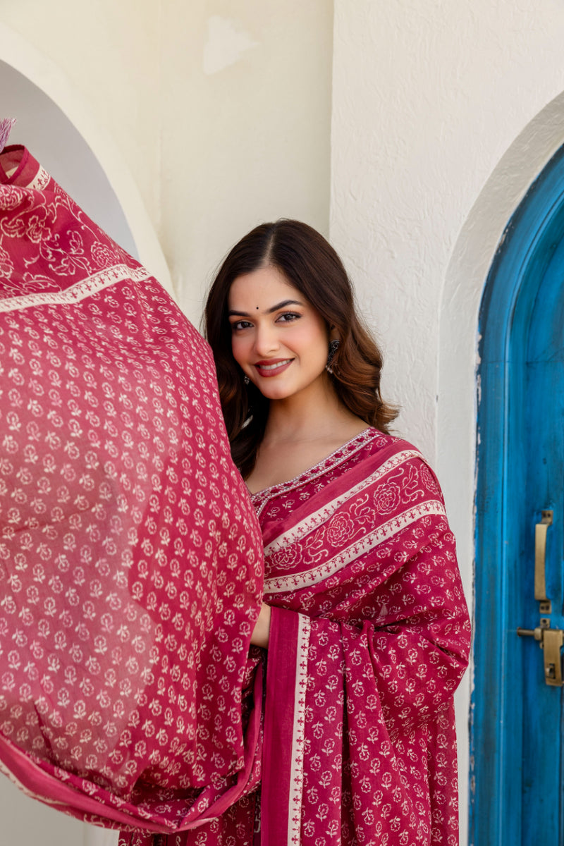 Women Floral Printed Panelled Pure Cotton Kurta with Trousers & Dupatta
