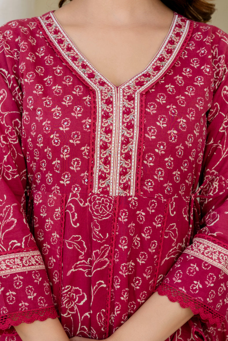 Women Floral Printed Panelled Pure Cotton Kurta with Trousers & Dupatta