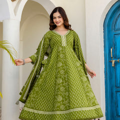 Women Floral Printed Panelled Pure Cotton Kurta with Trousers & Dupatta
