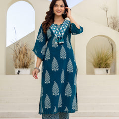 EthniFlair Women Ethnic Motifs Printed Panelled Thread Work Pure Cotton Kurta with Trousers & With Dupatta