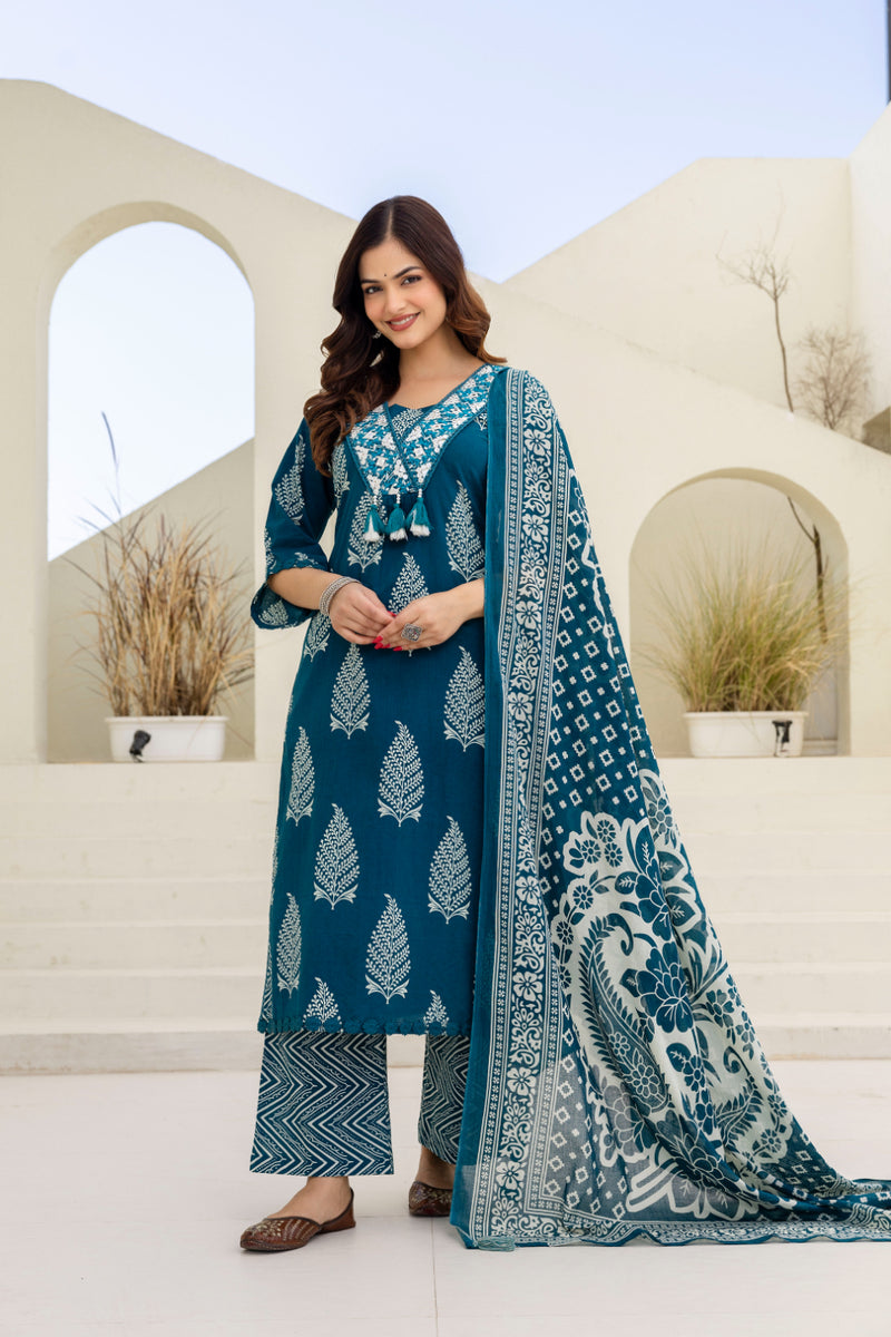 EthniFlair Women Ethnic Motifs Printed Panelled Thread Work Pure Cotton Kurta with Trousers & With Dupatta