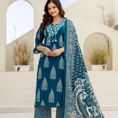 EthniFlair Women Ethnic Motifs Printed Panelled Thread Work Pure Cotton Kurta with Trousers & With Dupatta