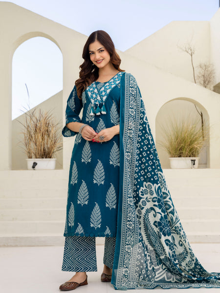 EthniFlair Women Ethnic Motifs Printed Panelled Thread Work Pure Cotton Kurta with Trousers & With Dupatta