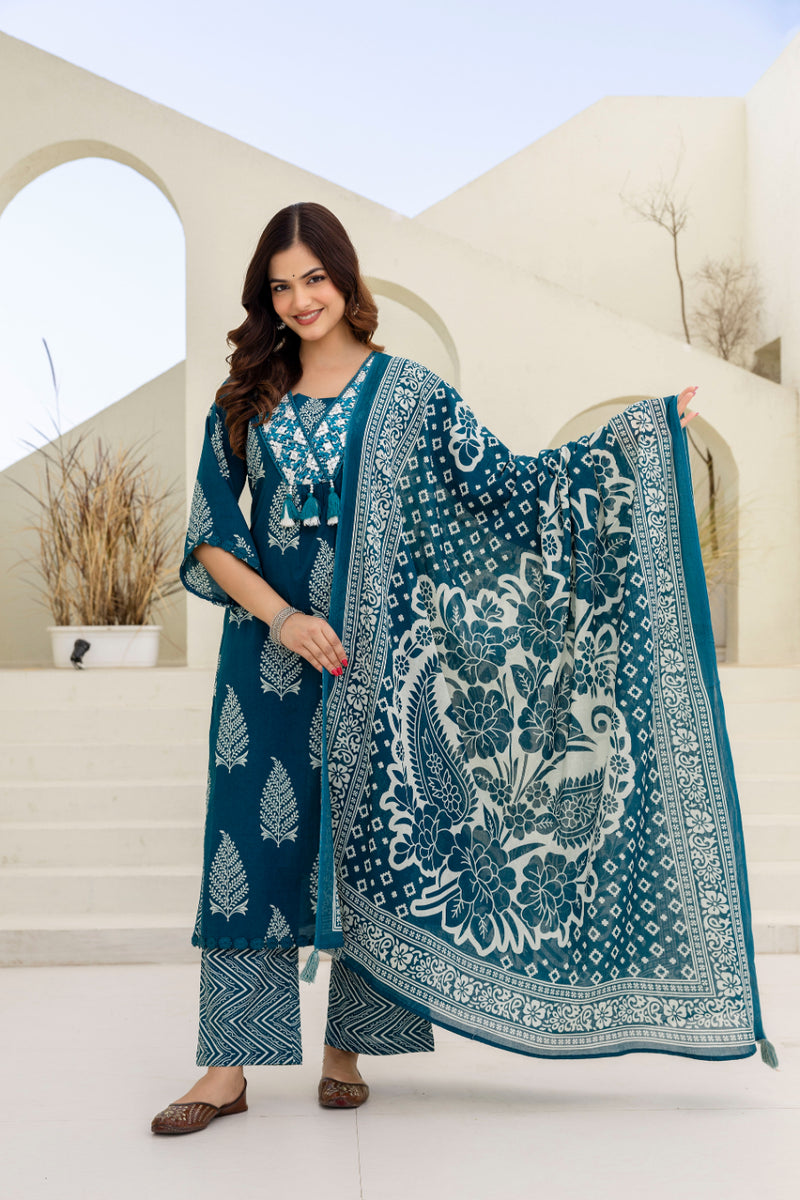 EthniFlair Women Ethnic Motifs Printed Panelled Thread Work Pure Cotton Kurta with Trousers & With Dupatta