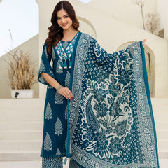 EthniFlair Women Ethnic Motifs Printed Panelled Thread Work Pure Cotton Kurta with Trousers & With Dupatta