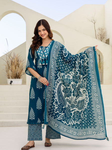 EthniFlair Women Ethnic Motifs Printed Panelled Thread Work Pure Cotton Kurta with Trousers & With Dupatta