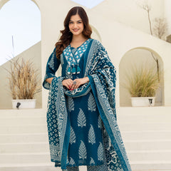 EthniFlair Women Ethnic Motifs Printed Panelled Thread Work Pure Cotton Kurta with Trousers & With Dupatta