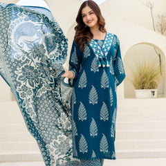 EthniFlair Women Ethnic Motifs Printed Panelled Thread Work Pure Cotton Kurta with Trousers & With Dupatta