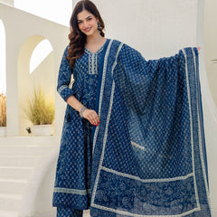 EthniFlair Women Floral Printed Panelled Sequinned Pure Cotton Kurta with Trousers & With Dupatta